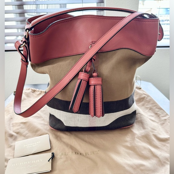Burberry Handbags - Burberry check canvas pebble leather Ashby tassel hobo bucket bag